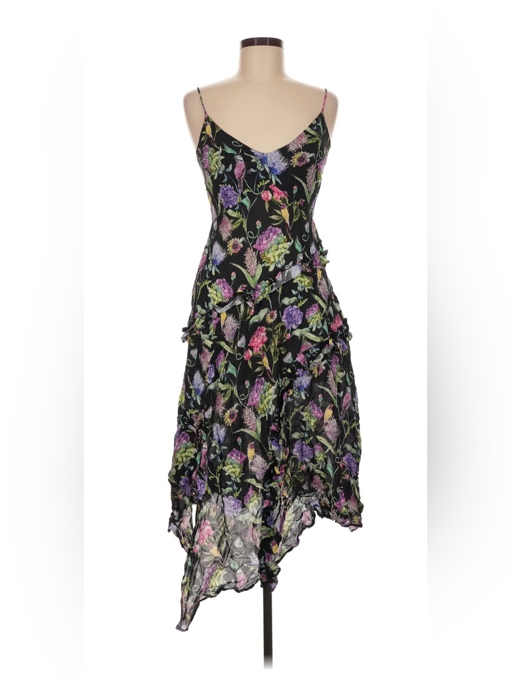 NWT H&M Black Asymmetrical Slip Dress with Purple, Pink & Green Floral Print